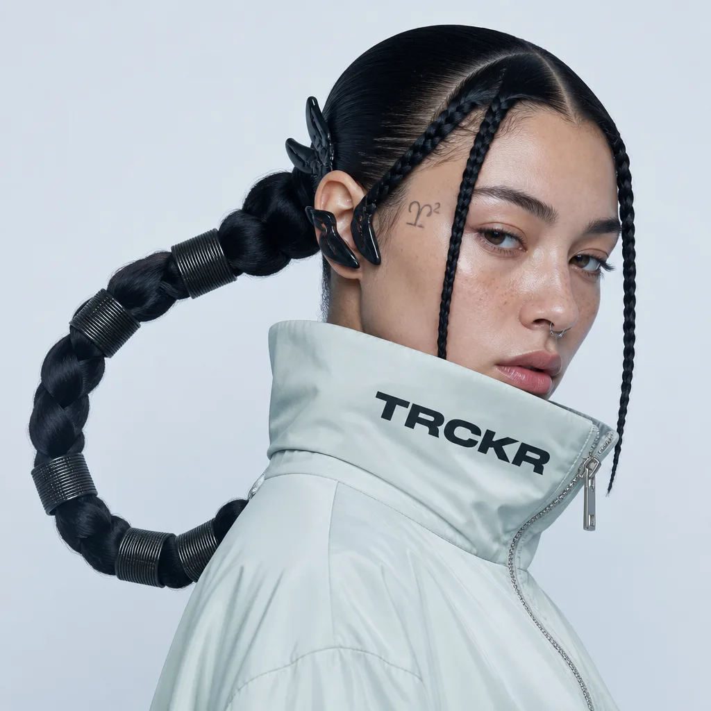 Editorial studio portrait generated from the JSON prompt beside it: a model in a pale sage technical jacket with a TRCKR wordmark on the high collar, sleek centre-parted hair with face-framing braids and a thick cuffed side ponytail, against a flat pale grey-blue backdrop