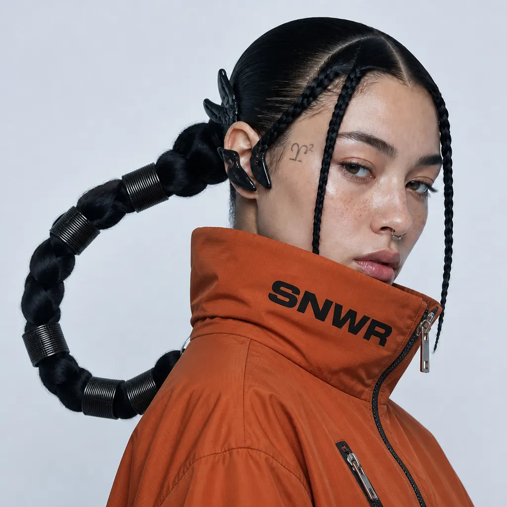 The same model, pose and framing in a different colourway: a burnt-orange ripstop snowboard shell with a tall storm collar carrying a black SNWR wordmark, worn with the same centre-parted hair, face-framing braids and cuffed rope ponytail, against the same pale ice-blue backdrop