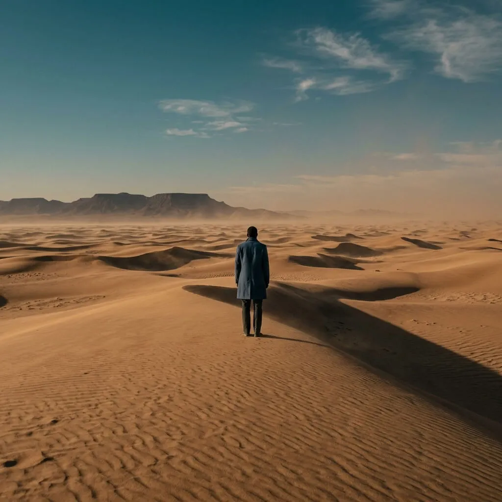 Image generated from the decoded prompt: the same cinematic dune scene, matched lighting and palette