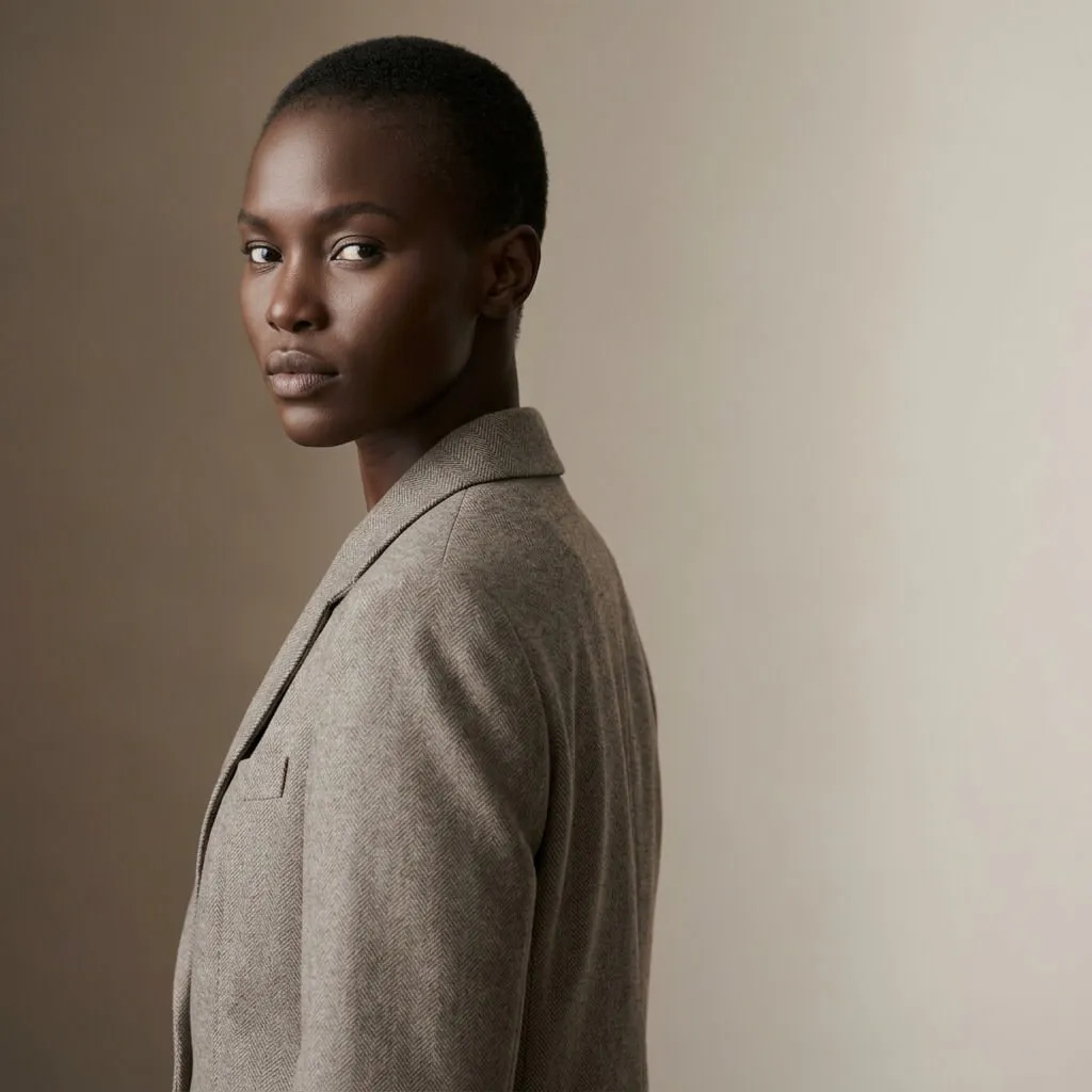 Image generated from the decoded prompt: the same fashion portrait, matched octabox lighting and warm neutrals
