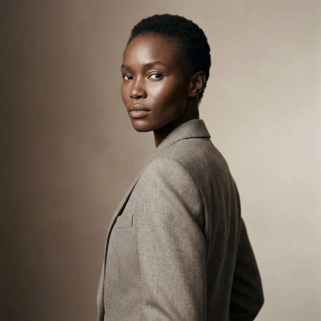 Reference photo: a model in a sculptural stone-wool garment, tight three-quarter portrait