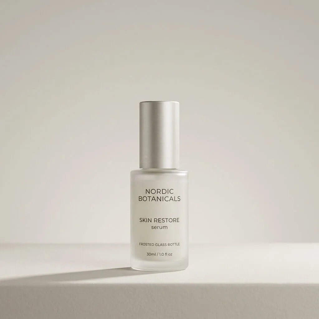 Reference photo: a frosted glass serum bottle with a brushed aluminium cap on a seamless studio background